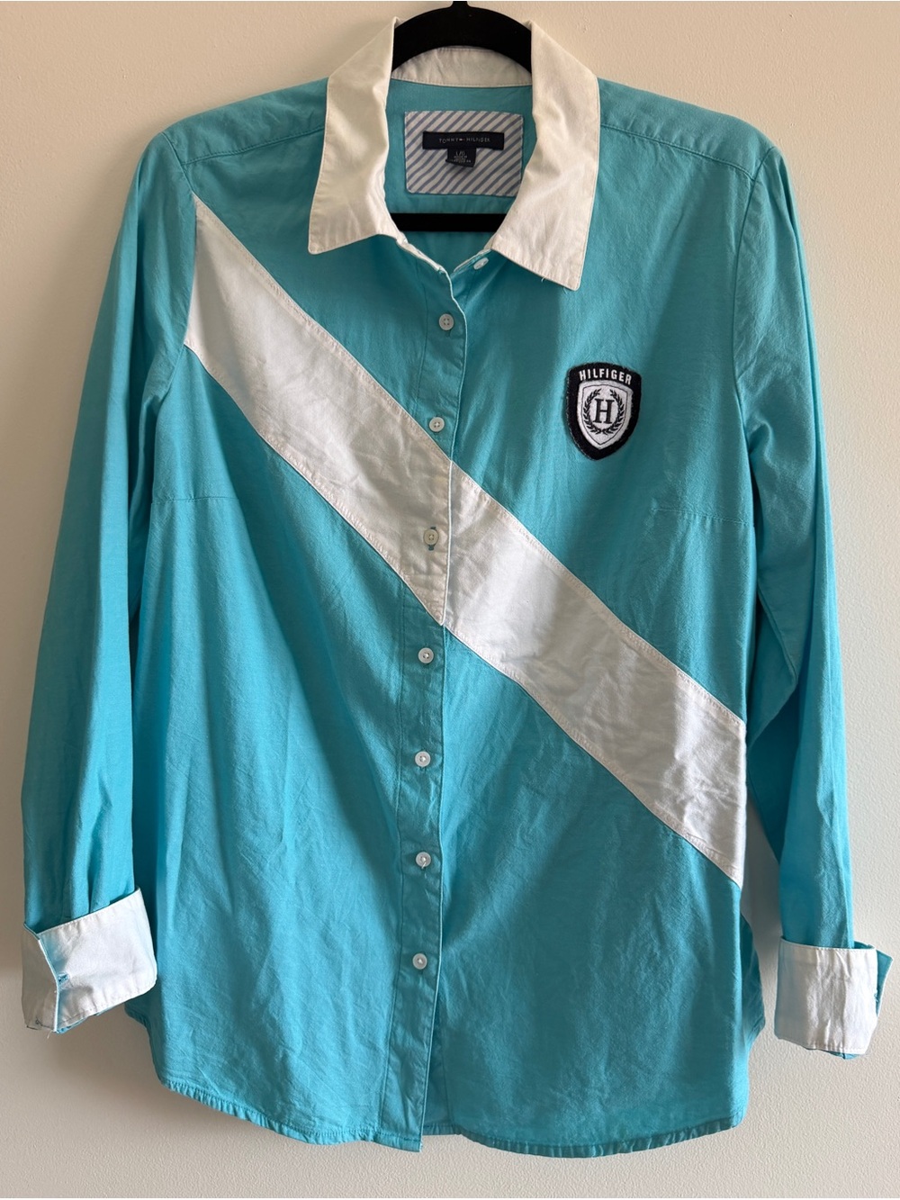 Tommy Hilfiger Women’s Teal Long-Sleeve Button-Up Shirt with White Accent